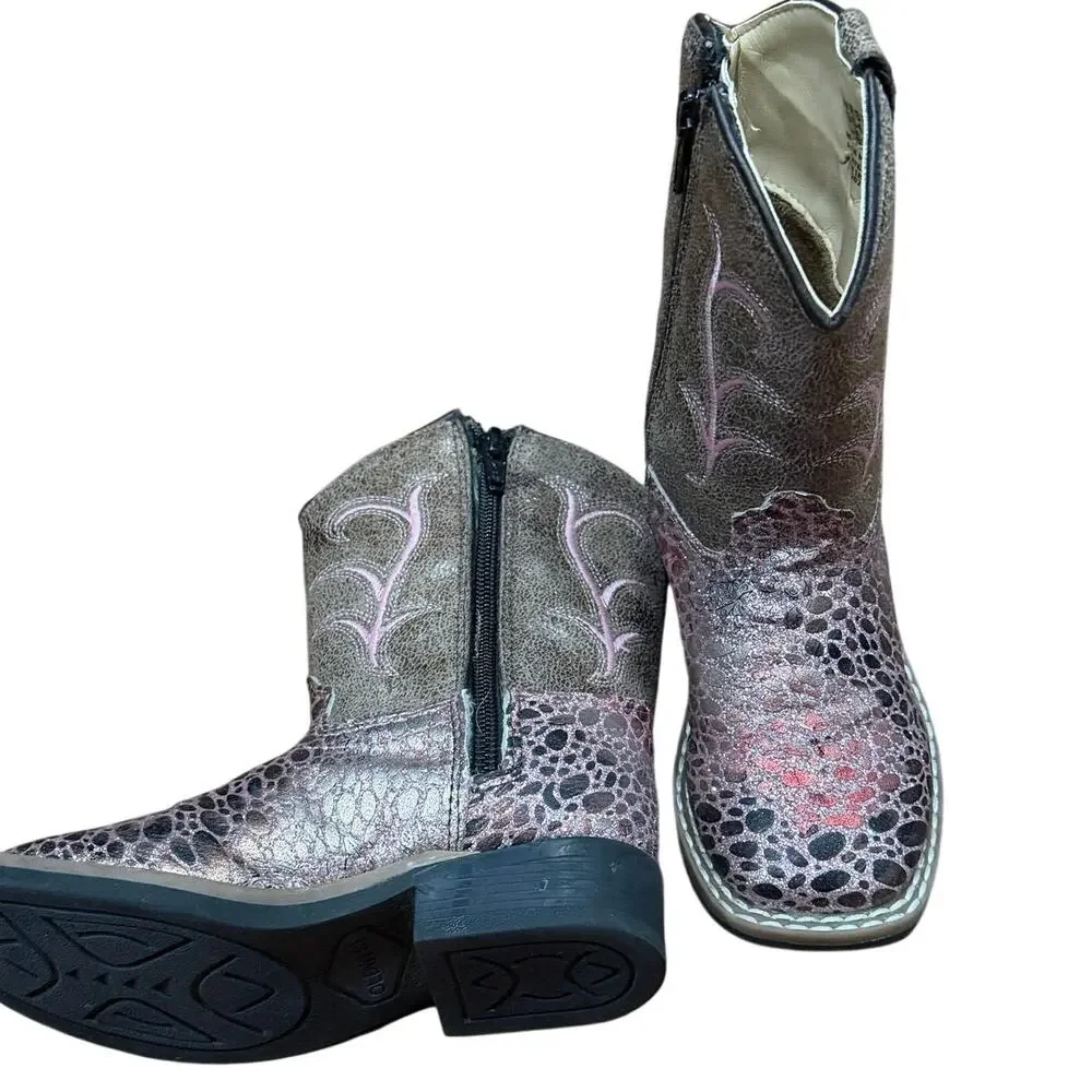 Old West Girls Pink Western Cowboy Boots Square Toe Side Zip Size 8C VB1054